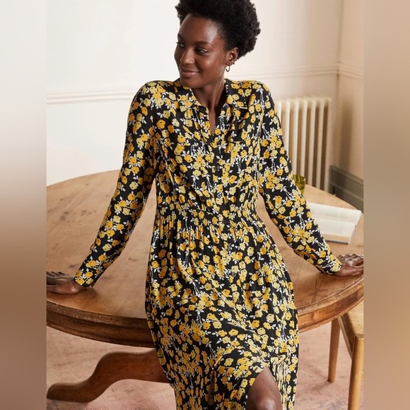 BODEN Jessie Maxi Shirt Dress Yellow Black Floral Size 10 Long Sleeve Party Work - Picture 2 of 11